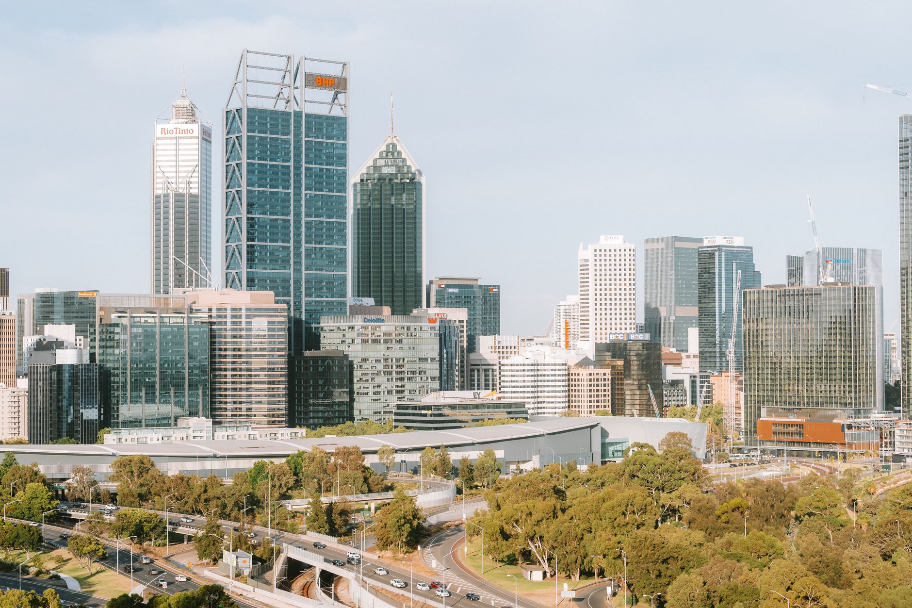 A vibrant view of Perth's skyline with modern skyscrapers and urban landscape.
