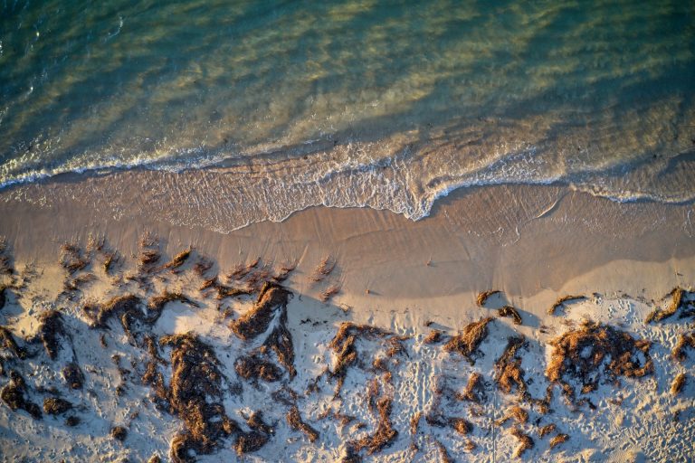 Aerial view of waves washing onto sandy beach